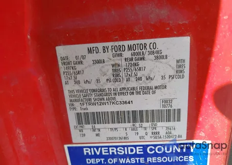 2007 Ford F-150 Xlt z USA, uszkodzony, nr VIN 1FTRW12W17KC33641